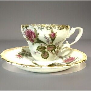 Vintage Rose Floral Tea Cup Saucer Demitasse White with Gold Trim Very Pretty